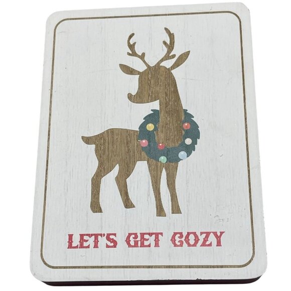 all is bright tabletop wood plaque rectangle reindeer wreath let's get cozy READ - Picture 1 of 8